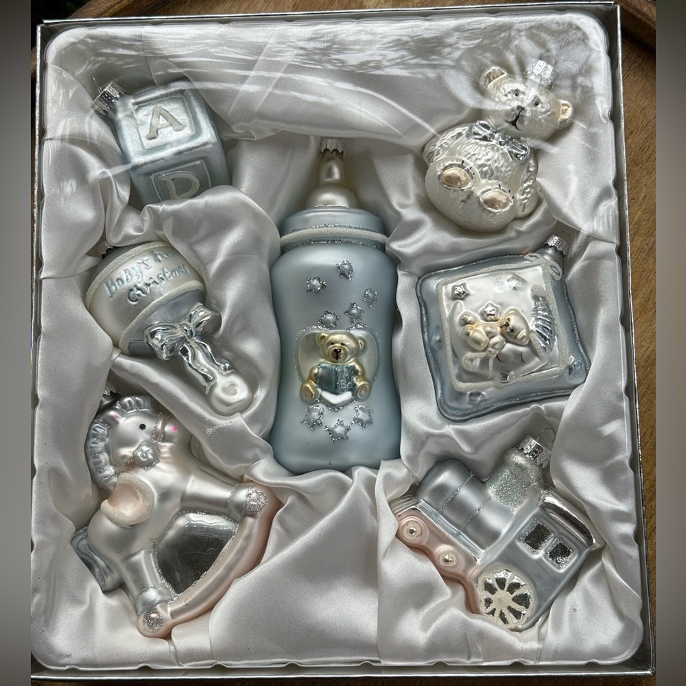 Elegant Silver and Blue Baby Keepsake Christmas Ornaments